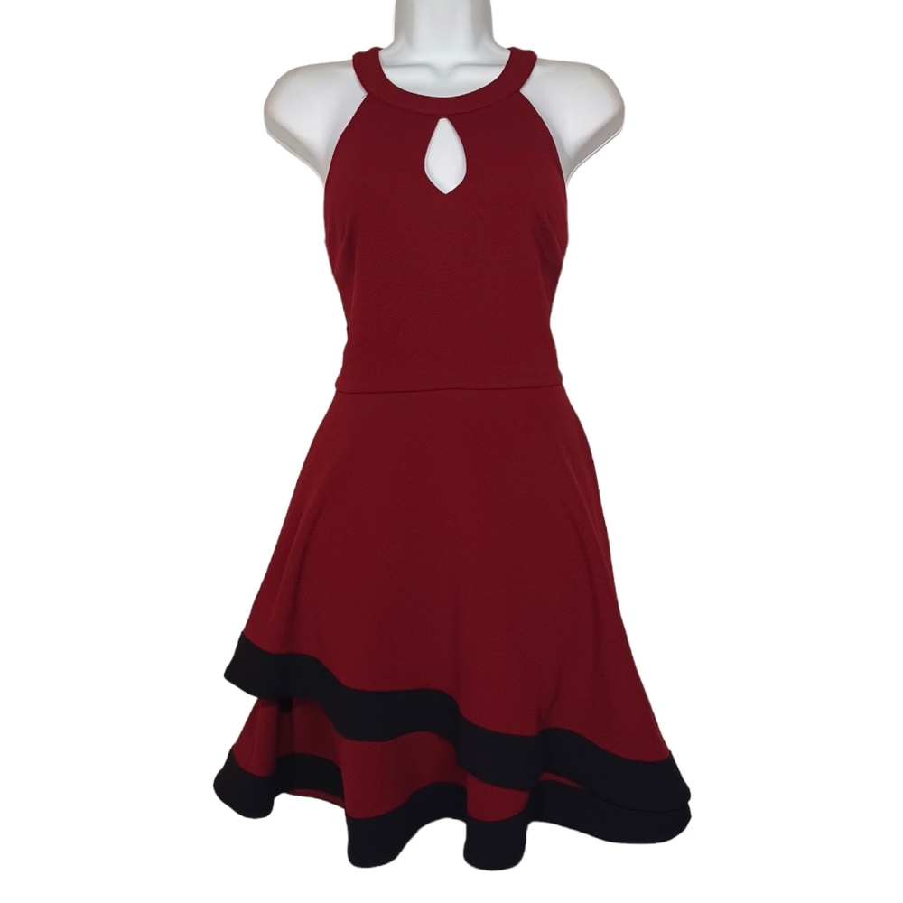 BCX DRESS Burgundy Red Black Ruffle Sleeveless A Line Fit & Flare Dress 7 NWT